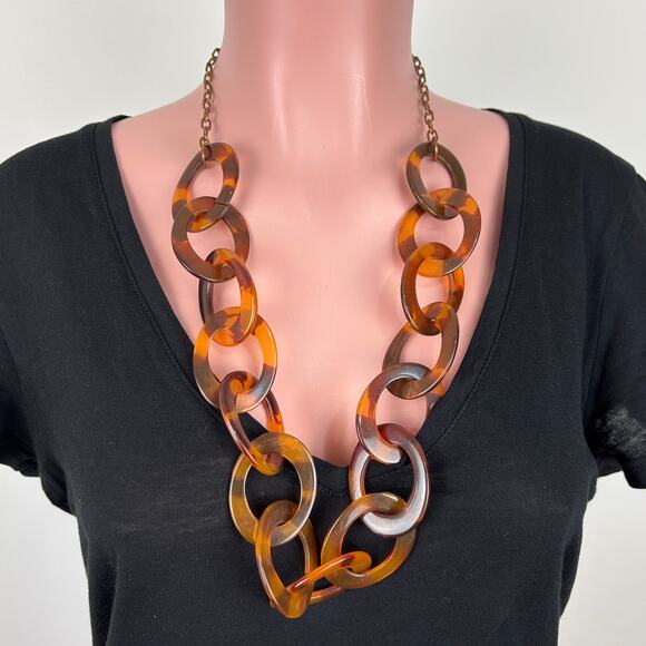 Tortoise Shell Brown Lucite Chain Necklace Chunky Statement - Picture 2 of 6